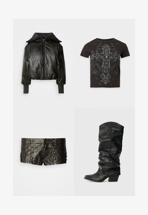Gekürzte schwarze Lederjacke mit dicker gerippter Kragen, Frontreißverschluss und strukturierten Ärmeln. Verfügt über gepolsterte Schultern und Handgelenksbündchen.; Schwarzes kurzärmeliges T-Shirt mit großem verziertem Kreuzdesign in Grau und Silber, vorne mit kleinen Nieten verziert.; Schwarze Leder-Low-Rise-Shorts mit dekorativen Metallknöpfen vorne und an den Seiten, mit Fronttaschen und Nahtdetails.; Schwarze Lederstiefel bis zum Knie mit einem rüschigen Design, spitzem Zehenbereich und breitem Absatz, mit glatter Texture und minimaler Naht.