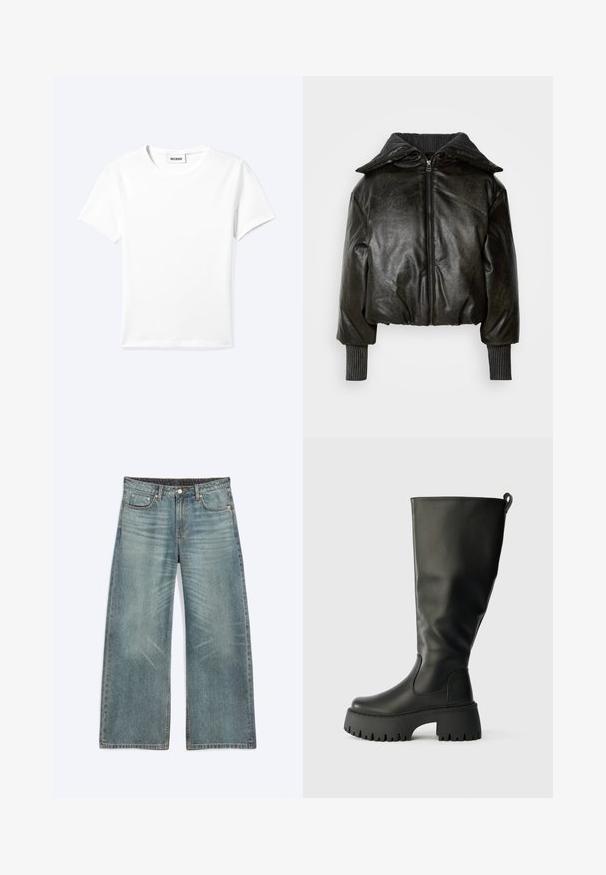 Gekürzte schwarze Lederjacke mit dicker gerippter Kragen, Frontreißverschluss und strukturierten Ärmeln. Verfügt über gepolsterte Schultern und Handgelenksbündchen.; Einfaches weißes T-Shirt mit kurzen Ärmeln und Rundhalsausschnitt sowie kleinem "WEEKDAY"-Etikett im Nacken, flach auf einem hellen Hintergrund präsentiert.; Blaue Jeans mit weitem Bein, Vordertaschen, Gürtelschlaufen, Knopfverschluss und dezenten Verwaschungseffekten an Oberschenkeln und Knien.; Knöchelhöhe schwarze Gummistiefel mit einer grob profilierten Sohle, glatter Oberfläche und einem Zugtab hinten für leichteres Anziehen. Rund gespitzte Form.