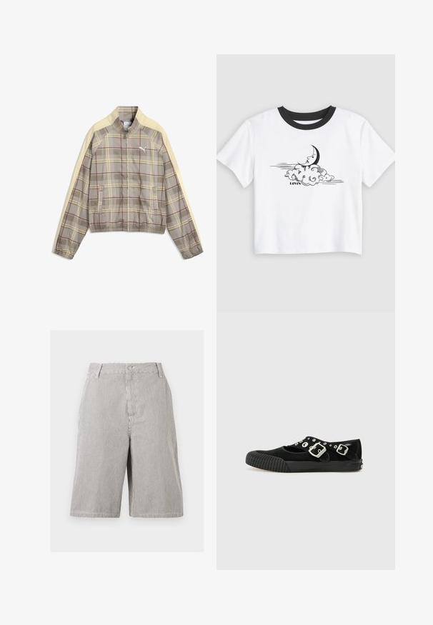 Lichtbruine geruite jas met rits met crèmekleurige gele schouderstrepen, elastische manchetten en zoom, en een klein wit Puma-logo op de borst.; Wit T-shirt met korte mouwen en een zwarte ronde hals, met een zwarte maansikkel met een gezicht boven draaiende wolken en de tekst "Levi's" eronder.; Bermuda-short met dunne verticale zwart-witte strepen, vooraan knoopsluiting, riemlussen en zijzakken.; Vans MARY JANE - Ballerina's - black