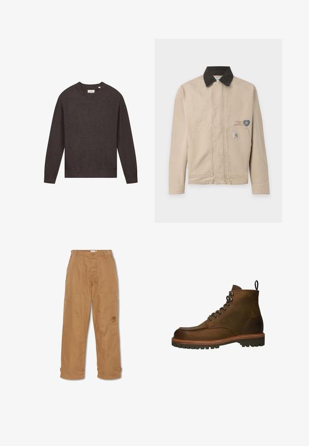 Beige canvasjakke med en sort kordfløjlskrave, med et patch på venstre bryst og to forlommer. Enkel, struktureret design.; Kunne ikke generere alt-tekst; Khaki arbejdsbukser, lavet af slidstærkt stof, har flere lommer, knaplukning og broderet logo på låret.; Brune læder ankelstøvler med rundt tå, metal øjer og en robust gummisål. Indeholder en trækflap for nem påtagning.