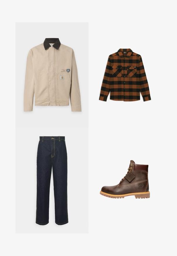 Chaqueta de lona beige con un cuello de pana negro, con un parche en el lado izquierdo del pecho y dos bolsillos frontales. Diseño simple y estructurado.; Camisa de manga larga en un patrón de cuadros naranja y negro, hecha de una tela texturizada. Presenta dos bolsillos en el pecho y cierre frontal con botones.; Jeans de mezclilla oscuros de pierna ancha con costuras amarillas, que cuentan con un cierre frontal de botón y bolsillos laterales. Textura suave y diseño tradicional.; Botín de cuero marrón hasta el tobillo con punta redonda, suela resistente, herrajes en tono dorado y parte superior texturizada. Incluye una etiqueta con el logo adjunta.