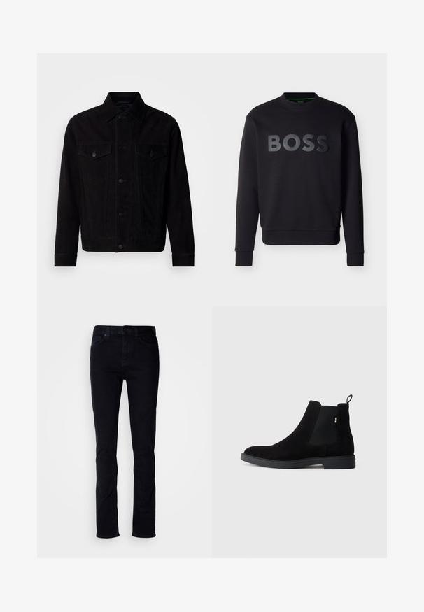 Zwarte suède jas met een klassieke kraag, voorzakken en een knoopsluiting. Heeft contrasterende stiksels en een rechte zoom.; Zwart sweatshirt met lange mouwen en ronde hals, met een verhoogd zwart BOSS-logo in het midden aan de voorkant en geribbelde manchetten en zoom.; Zwarte denim jeans met een slim fit, vijf-zakken ontwerp, zichtbare stiksels en een knoopsluiting. Gladde textuur zonder extra patronen.; Zwarte suède Chelsea laarzen met elastische zijpanelen, ronde neus en een lage rubberen zool. Beschikt over een trekband aan de achterkant voor eenvoudig aan- en uittrekken.