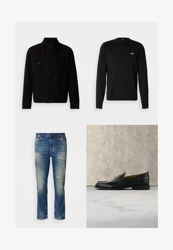 Zwarte suède jas met een klassieke kraag, voorzakken en een knoopsluiting. Heeft contrasterende stiksels en een rechte zoom.; Zwarte sweatshirt met lange mouwen van gladde stof, voorzien van een geribbelde kraag en manchetten, met een wit "BOSS"-logo op de linkerborst.; Lichtblauwe denim jeans met een relaxte pasvorm, voorzien van versleten details, vervaagde patches en een klassieke knoop- en ritsluiting.; Zwarte leren herenslipper met een krokodillen-embossed voorblad en een lage hak, zij-aanzicht op een neutrale achtergrond.