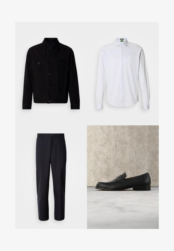 Zwarte suède jas met een klassieke kraag, voorzakken en een knoopsluiting. Heeft contrasterende stiksels en een rechte zoom.; Wit overhemd met lange mouwen in een blauw geruit patroon. Voorzien van een klassieke kraag en een borstzak. Gladde stof met een gestructureerde pasvorm.; Donkerblauwe broek van soepel materiaal, met een rechte pijpdesign, twee zijzakken en een knoopsluiting in de taille.; Zwarte leren loafer zweeft boven een beige tapijt met op de achtergrond een glanzende, ronde, bruine tafel.
