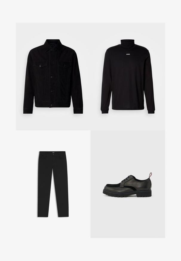 Veste en suède noire avec un col classique, des poches avant, et une fermeture par boutons. Caractérisée par des coutures contrastantes et un ourlet droit.; T-shirt à col roulé noir à manches longues en tissu lisse, avec un logo "HUGO" blanc sur la poitrine, doté de poignets et d'un ourlet ajustés.; Jeans en denim noir avec une coupe slim, dotés de poches avant, d'une fermeture à bouton et zip, et d'un label de marque à la ceinture de BOSS.; Chaussure noire en cuir à lacets avec semelle épaisse crantée et languette rouge à l'arrière, vue de profil sur un fond gris clair.