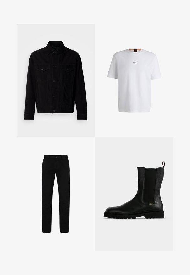 Schwarze Wildlederjacke mit klassischem Kragen, Vordertaschen und Knopfverschluss. Verfügt über kontrastierende Nähte und einen geraden Saum.; Weißes Baumwoll-T-Shirt mit kurzen Ärmeln, ausgestattet mit einem schwarzen "BOSS"-Logo, das mittig auf der Brust platziert ist, und einem runden Halsausschnitt.; Schwarze Baumwollhosen mit geradem Schnitt, featuring einen Knopfverschluss, Gürtelschlaufen und minimalistischem Design. Glatte Textur, ohne Muster.; Schwarzer Leder-Stiefelette mit elastischem Seitenteil, grober Sohle und Zuglasche hinten, mit kleinem goldenem "Hugo" Logo nahe der Ferse.