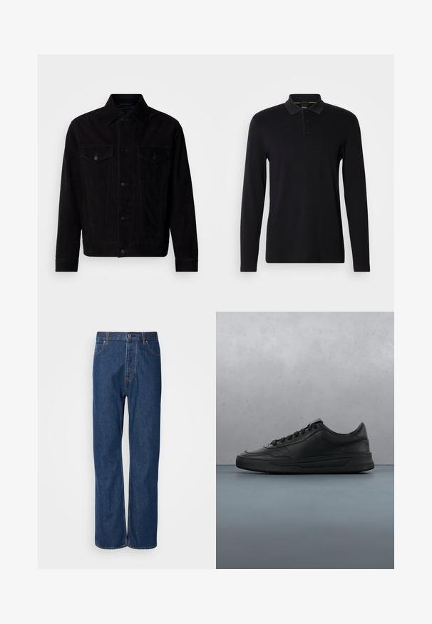 Zwarte suède jas met een klassieke kraag, voorzakken en een knoopsluiting. Heeft contrasterende stiksels en een rechte zoom.; Zwarte langslavige polo shirt van gladde stof. Heeft een kraag, een placket met drie knopen en een subtiele logo op de borst.; Blauwe denim jeans met een recht gesneden ontwerp, voorzien van een knoopsluiting, vijf zakken en contrasterende stiksels langs de naden.; Zwarte sneaker met een glad leren bovenwerk, ronde neus, platte veters, gewatteerde kraag en minimalistisch design. Rubberen zool met een subtiel profiel.