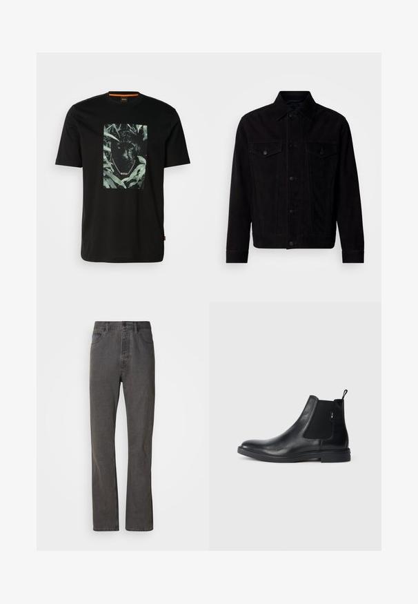 Chaqueta de ante negro con cuello clásico, bolsillos delanteros y cierre de botones. Presenta costuras en contraste y dobladillo recto.; Camiseta de algodón negra con un gráfico central de un pantera rodeada de hojas, con un cuello de cadena y el texto "BOSS". Mangas cortas.; Vaqueros de mezclilla gris con un diseño de pierna recta, que cuentan con bolsillos frontales, un cierre de botón y una textura sutil.; Botines Chelsea de cuero negro con paneles elásticos laterales, una pestaña para tirar y una suela de goma plana. Textura suave con un detalle mínimo.