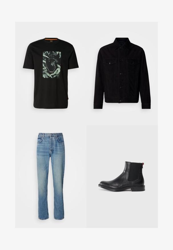 Sort ruskindjakke med klassisk krave, frontlommer og knaplukning. Har kontraststing og lige kant.; Sort bomulds t-shirt med et centralt grafik af en panter omgivet af blade, med en kædekrave og "BOSS" tekst. Korte ærmer.; Lyseblå straight-leg denim jeans med høj talje, frontknap, lynlås lukning og fem-lomme design.; Sort læder Chelsea-støvle med elastiske sidepaneler, afrundet tå og lav, stablet hæl. Har en rød løftestrop og subtil branding på siden.