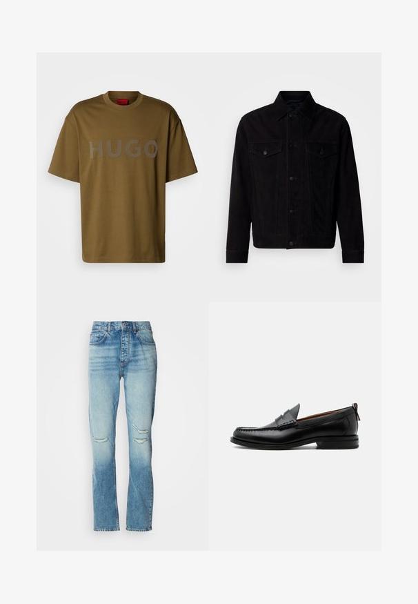 Zwarte suède jas met een klassieke kraag, voorzakken en een knoopsluiting. Heeft contrasterende stiksels en een rechte zoom.; Olijfgroene katoenen t-shirt met een ronde hals en korte mouwen, met een groot grijs "HUGO" logo op de voorkant gedrukt.; Dames mid-rise blauwe jeans met een vervaagde wassing, versleten scheuren op beide knieën, recht gesneden pijpen en een klassieke vijf-pocketontwerp.; Zwarte leren herensloffen met moc toe stiksel, pennyriem, gestructureerde kraag en lage gestapelde hak op witte achtergrond.