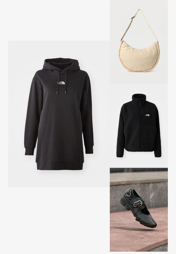 Sort fleecejakke med høj krave, fuld lynlås og en lomme på venstre bryst med et logo. Stofoverfladen er blød og struktureret.; Sort hoodie kjole lavet af blødt stof, med en front kangaroo lomme, justerbar snørehætte og et lille logo på brystet.; Sort sko med delt tå og to sølvspændere, tyk sål og perforerede detaljer, svævende over en stenovertagelse.; Beige skuldertaske i halvmåneform med en blød, polstret overflade. Har justerbar rem og lynlås langs den øverste kant.