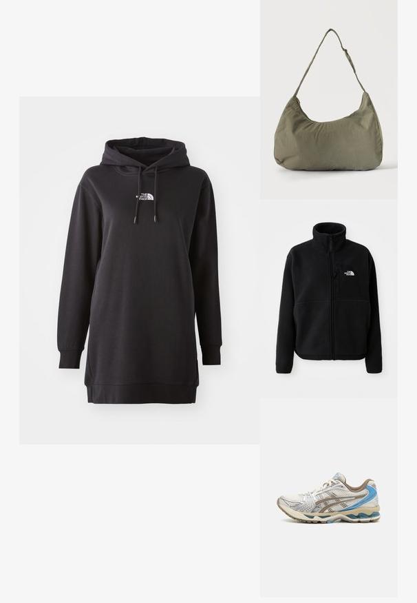 Sort fleecejakke med høj krave, fuld lynlås og en lomme på venstre bryst med et logo. Stofoverfladen er blød og struktureret.; Sort hoodie kjole lavet af blødt stof, med en front kangaroo lomme, justerbar snørehætte og et lille logo på brystet.; Hvid og beige løbesko med blå accenter, netoverdel, polstret sål og snørelukning, vist fra ydersiden.; Skuldertaske i blødt olivengrønt stof med lynlås og justerbar rem på ensfarvet, lyst baggrund.