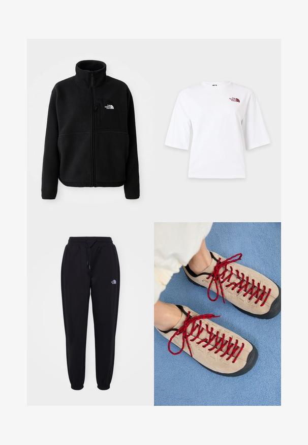 Sort fleecejakke med høj krave, fuld lynlås og en lomme på venstre bryst med et logo. Stofoverfladen er blød og struktureret.; Hvid T-shirt med korte ærmer, rund hals og lille vinrødt logo på øverste venstre bryst.; Sorte joggingbukser med elastisk talje og manchetter, snoretræk, sidelommer og lille hvid The North Face-logo på højre lår.; Beige sko med røde snørebånd, placeret på en blå tekstureret overflade, delvist synliggørende en persons ankel. Skoene har et sporty design.