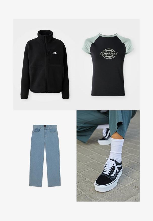 Chaqueta de forro polar negra con un alto cuello, cremallera completa y un bolsillo en el pecho izquierdo que presenta un logotipo. La tela tiene una superficie suave y texturizada.; Camiseta negra con mangas raglán verde claro. Presenta un logo circular central con el texto "Dickies" en un diseño de cuerda. Textura de tela suave.; Vaqueros azul claro, corte holgado, tejido de denim, diseño de cinco bolsillos, cierre de botón, perneras rectas, costuras visibles, sin patrones ni acentos.; Zapatillas de ante negro con acentos y cordones blancos, que cuentan con una gruesa suela blanca y costuras en contraste, combinadas con un calcetín blanco.