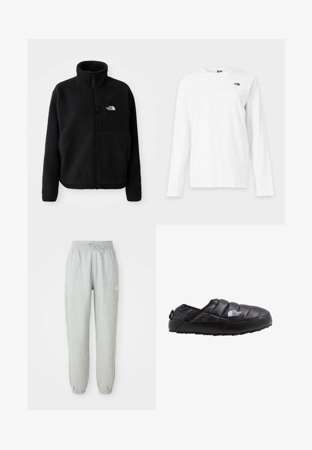 Schwarze Fleecejacke mit hohem Kragen, vollem Reißverschluss und einer linken Brusttasche mit einem Logo. Der Stoff hat eine weiche, strukturierte Oberfläche.; Weißes Langarmshirt mit Rundhalsausschnitt und kleinem schwarzem The North Face-Logo auf der linken Brust.; Graue Sweatpants mit einem elastischen Bund und Kordelzug. Der Stoff ist weich, mit elastischen Bündchen an den Knöcheln und einem Logo-Detail.; Schwarze isolierte Slipperschuh mit gestepptem Obermaterial, Gummisohle und strukturierten Details. Verfügt über eine Zuglasche an der Ferse und Branding an der Seite.
