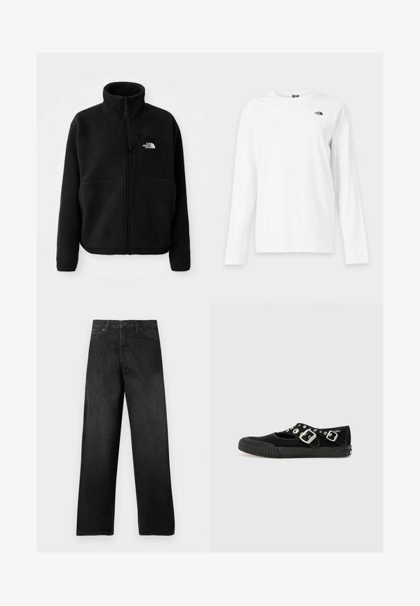 Veste en polaire noire avec un col haut, fermeture éclair intégrale et une poche sur la poitrine gauche portant un logo. Le tissu a une surface douce et texturée.; T-shirt blanc à manches longues avec col rond et petit logo noir The North Face sur le côté gauche de la poitrine.; Jean en denim noir à jambes droites avec poches avant et passants pour ceinture, fermeture à bouton et à glissière, présenté sur un fond uni.; Vans MARY JANE - Ballerines - black