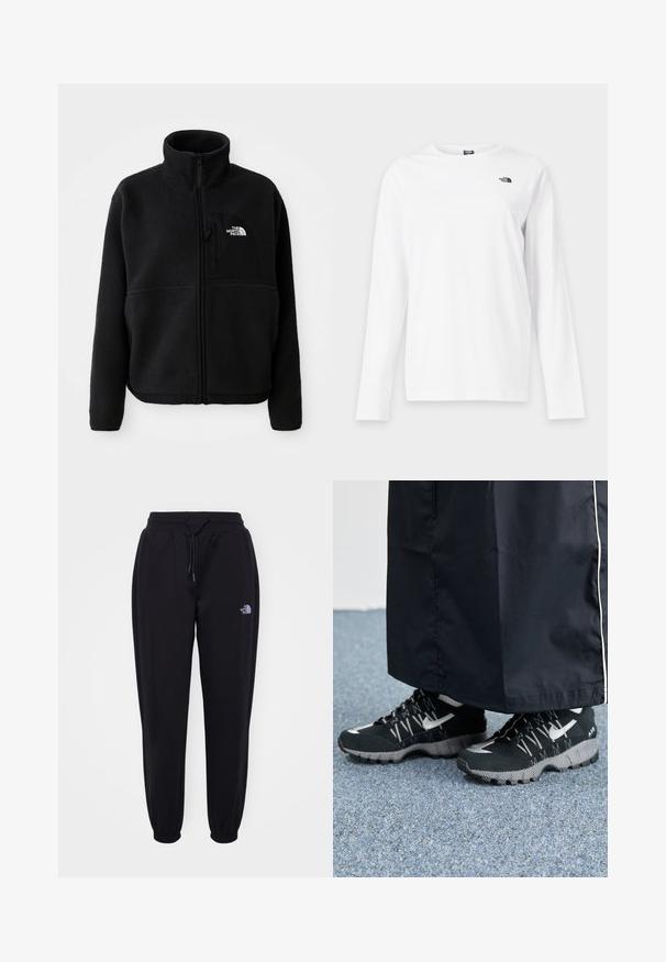 Sort fleecejakke med høj krave, fuld lynlås og en lomme på venstre bryst med et logo. Stofoverfladen er blød og struktureret.; Hvid langærmet T-shirt med rund hals og lille sort The North Face-logo på venstre bryst.; Sorte joggingbukser med elastisk talje og manchetter, snoretræk, sidelommer og lille hvid The North Face-logo på højre lår.; Sorte sportsko med en struktureret overdel, sølvdetaljer og en mønstret ydersål, parret med et langt sort plagg. Sat mod blå tæpper.