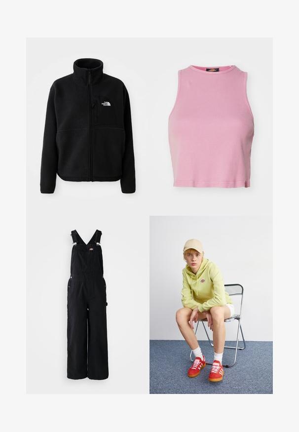 Sort fleecejakke med høj krave, fuld lynlås og en lomme på venstre bryst med et logo. Stofoverfladen er blød og struktureret.; Rosa ribbet crop top med rund halsudskæring og ærmeløs design. Har en kant, der slutter lige over taljen.; Sorte denim overalls med brede ben, justerbare skulderstropper, lomme foran og sølv hardware detaljer. Glat tekstur, minimalistisk design.; Lysegrøn hættetrøje med logo, hvide shorts, røde sneakers med hvide striber, siddende på en krom foldebænk mod en neutral baggrund.