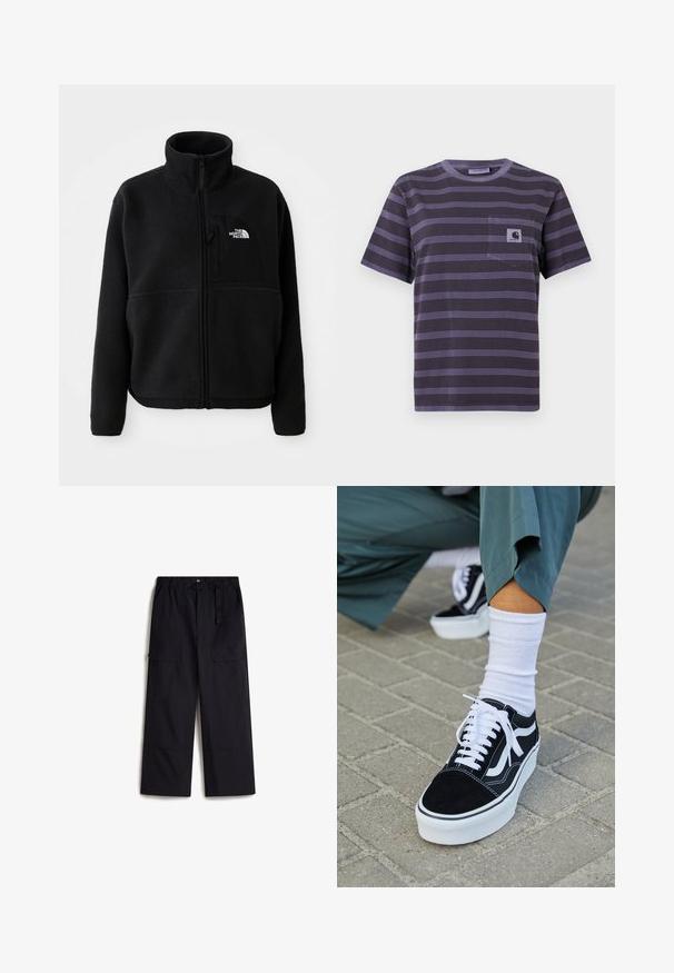 Chaqueta de forro polar negra con un alto cuello, cremallera completa y un bolsillo en el pecho izquierdo que presenta un logotipo. La tela tiene una superficie suave y texturizada.; Camiseta de rayas moradas con un bolsillo en el lado izquierdo del pecho, con rayas negras horizontales. Tejido suave, mangas cortas, y cuello redondo.; Pantalones cargo negros con una cintura elástica, cinturón ajustable y dos bolsillos laterales. Hechos de una tela ligera y texturizada.; Zapatillas de ante negro con acentos y cordones blancos, que cuentan con una gruesa suela blanca y costuras en contraste, combinadas con un calcetín blanco.