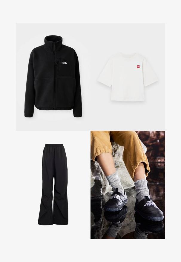 Chaqueta de forro polar negra con un alto cuello, cremallera completa y un bolsillo en el pecho izquierdo que presenta un logotipo. La tela tiene una superficie suave y texturizada.; Camiseta de manga corta blanca de algodón. Presenta un pequeño logo cuadrado rojo en la parte izquierda del pecho. Corte recto. Textura suave.; Pantalones negros sueltos con cinturilla elástica y bolsillos laterales con cremallera, piernas anchas con detalles sutiles de costuras.; Zapatos negros aislados tipo slip-on con suelas texturizadas y logo blanco, usados con calcetas de punto gris, combinados con pantalones ribeteados de color mostaza.