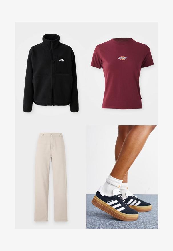 Veste en polaire noire avec un col haut, fermeture éclair intégrale et une poche sur la poitrine gauche portant un logo. Le tissu a une surface douce et texturée.; T-shirt court à manches courtes de couleur bordeaux en coton, avec un col rond et un petit logo "Dickies" multicolore sur la poitrine.; Pantalons beige à jambes larges en coton, dotés d'une fermeture à bouton à l'avant, de passants de ceinture et d'une coupe classique avec des lignes épurées.; Jambes portant des chaussettes blanches et des baskets Adidas Gazelle noires avec des bandes blanches et des semelles épaisses marron sur un sol recouvert de moquette grise.