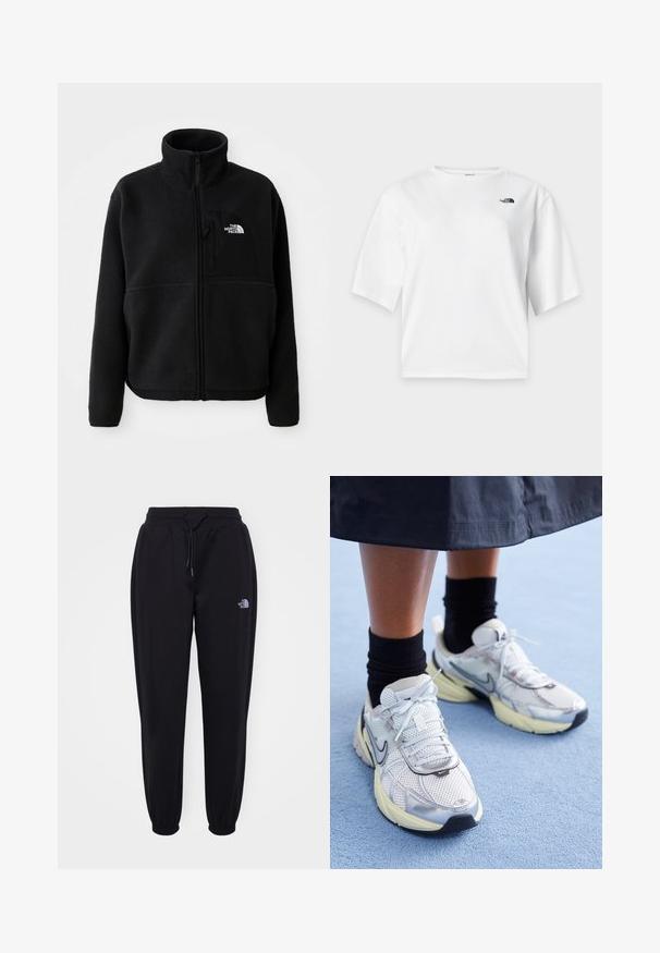 Sort fleecejakke med høj krave, fuld lynlås og en lomme på venstre bryst med et logo. Stofoverfladen er blød og struktureret.; Hvid T-shirt med korte ærmer og rund hals med The North Face-logo i sort på venstre bryst.; Sorte joggingbukser med elastisk talje og manchetter, snoretræk, sidelommer og lille hvid The North Face-logo på højre lår.; Hvide og sølv Nike sneakers med mesh-stof, reflekterende detaljer og en beige sål. Bæres med sorte sokker og står på en blå overflade.
