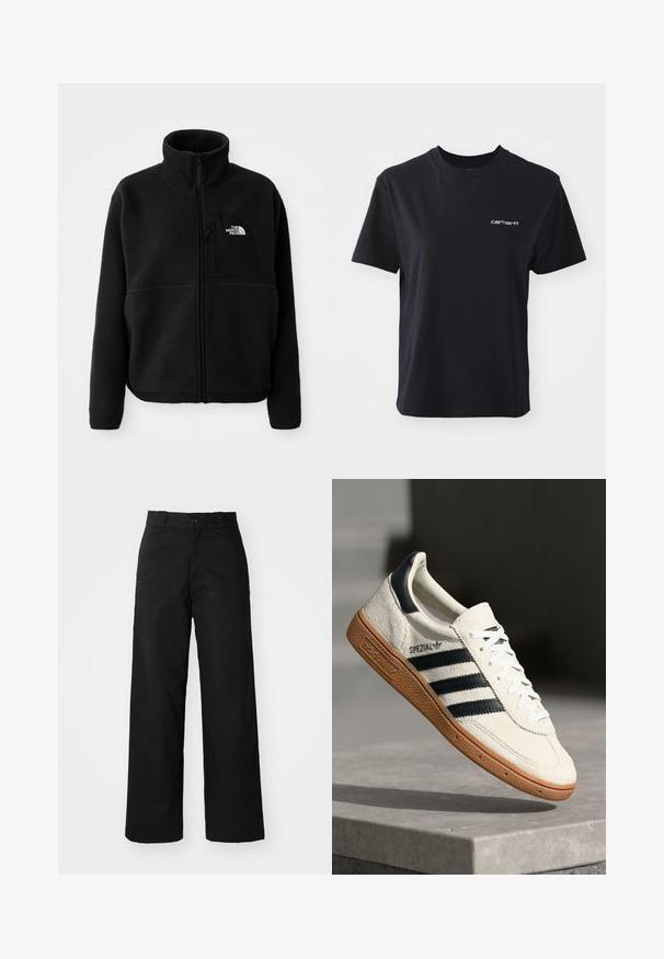Sort fleecejakke med høj krave, fuld lynlås og en lomme på venstre bryst med et logo. Stofoverfladen er blød og struktureret.; Sort bomulds T-shirt med rund hals, korte ærmer og hvid "carhartt" logo på venstre bryst. Glat tekstur, standard pasform.; Sorte vide bukser med flad front, knaplukning og bæltestropper. Fremstillet af holdbart stof med en glat tekstur.; Hvide ruskinds sneakers med marineblå striber, gummisål, struktureret overdel, rund tå og snøring; har branding på siden og tungen.