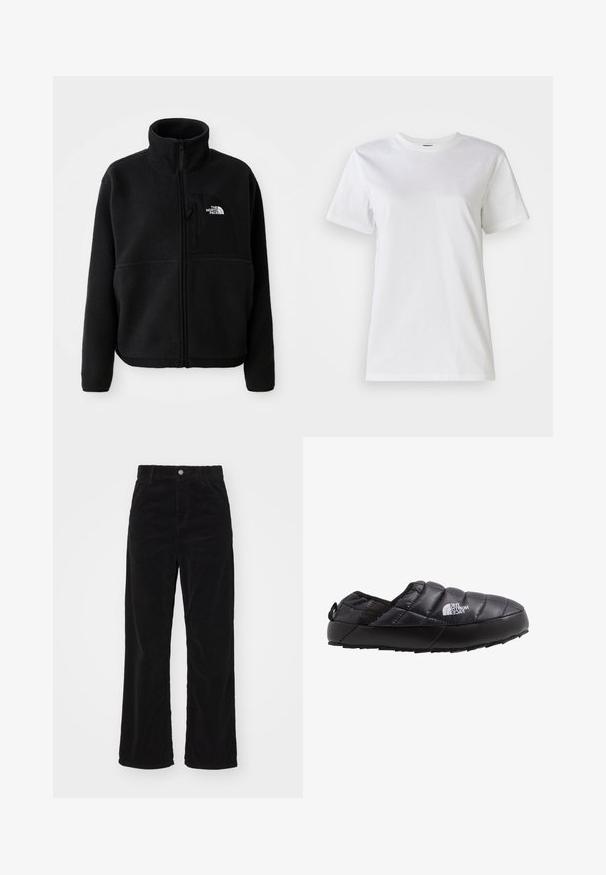 Sort fleecejakke med høj krave, fuld lynlås og en lomme på venstre bryst med et logo. Stofoverfladen er blød og struktureret.; Hvid bomulds t-shirt med rund hals og korte ærmer. Stoffet er glat med en blød tekstur og uden synlige mønstre eller detaljer.; Sorte fløjl brede bukser med høj talje, der har en frontknap- og lynlås lukning, samt lodrette ribbede tekstur over hele.; Sort isoleret slip-on sko med quiltet overdel, gummisål og strukturel detaljering. Har en hæltrækstrop og branding på siden.