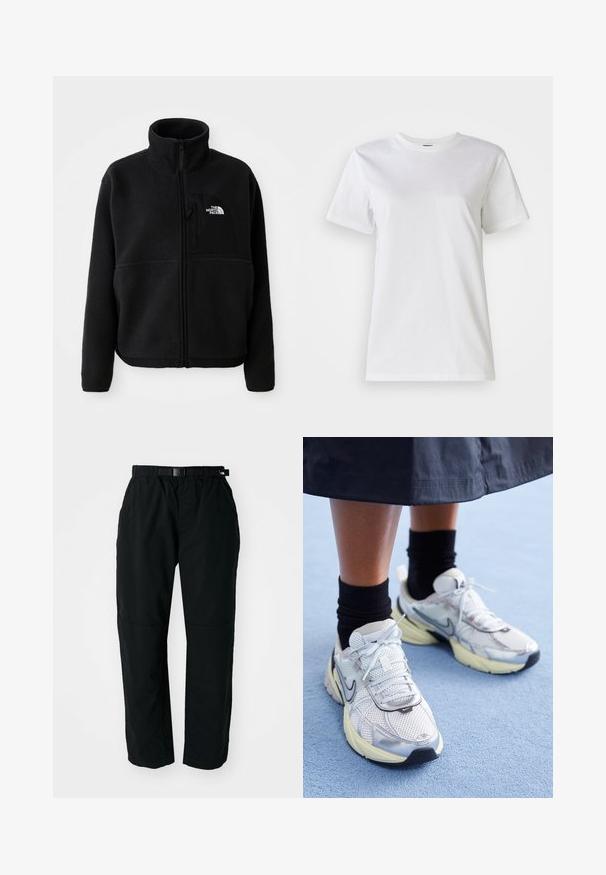 Sort fleecejakke med høj krave, fuld lynlås og en lomme på venstre bryst med et logo. Stofoverfladen er blød og struktureret.; Hvid bomulds t-shirt med rund hals og korte ærmer. Stoffet er glat med en blød tekstur og uden synlige mønstre eller detaljer.; Sorte letvægtsbukser med elastisk talje og justerbart bælte. Har tapered ben og forstærkede knæpaneler for holdbarhed.; Hvide og sølv Nike sneakers med mesh-stof, reflekterende detaljer og en beige sål. Bæres med sorte sokker og står på en blå overflade.