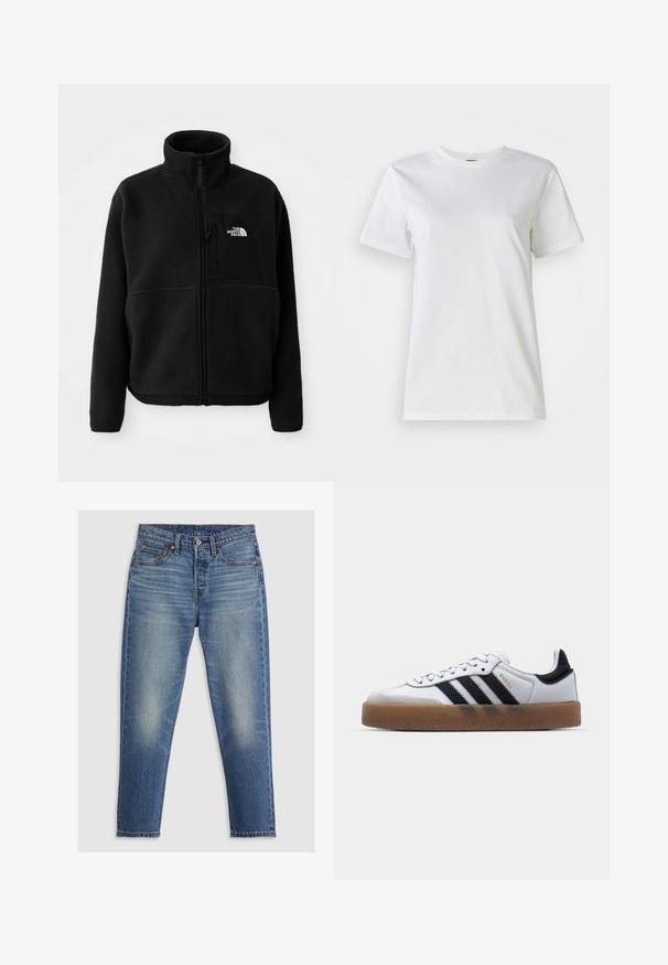 Sort fleecejakke med høj krave, fuld lynlås og en lomme på venstre bryst med et logo. Stofoverfladen er blød og struktureret.; Hvid bomulds t-shirt med rund hals og korte ærmer. Stoffet er glat med en blød tekstur og uden synlige mønstre eller detaljer.; Lyseblå denim jeans med lige pasform, fem lommer, knaplukning og diskret falming på lårene. Kontraststing er synlige.; Hvide lædersneakers med sorte striber, gummirubber sål, rund tå, snørelukning og blød grå ruskinds tåhætte.