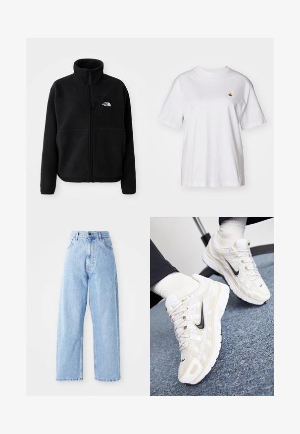Zwarte fleece jas met een hoge kraag, volledige ritssluiting en een borstzak aan de linkerkant met een logo. De stof heeft een zachte, gestructureerde oppervlakte.; Witte katoenen t-shirt met een relaxte pasvorm, korte mouwen en een klein geborduurd logo op de linkerborst.; Hogewaisted lichtblauwe denim jeans met rechte wijde pijpen, voorste knoop, ritssluiting en voor- en achterkant zakken.; Witte en beige Nike sneakers met een mesh bovenwerk, textuur overlay, zwarte swoosh en een gevoerde zool met een gripzool.