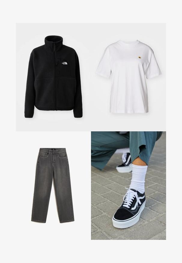 Zwarte fleece jas met een hoge kraag, volledige ritssluiting en een borstzak aan de linkerkant met een logo. De stof heeft een zachte, gestructureerde oppervlakte.; Witte katoenen t-shirt met een relaxte pasvorm, korte mouwen en een klein geborduurd logo op de linkerborst.; Grijze wijde jeans van denim. Heeft vijf zakken, een sluiting met een knoop en ritssluiting aan de voorkant, en subtiele vervaging op de stof.; Zwarte suède sneaker met witte accenten en veters, uitgerust met een dikke witte zool en contrasterende stiksels, gecombineerd met een witte sok.
