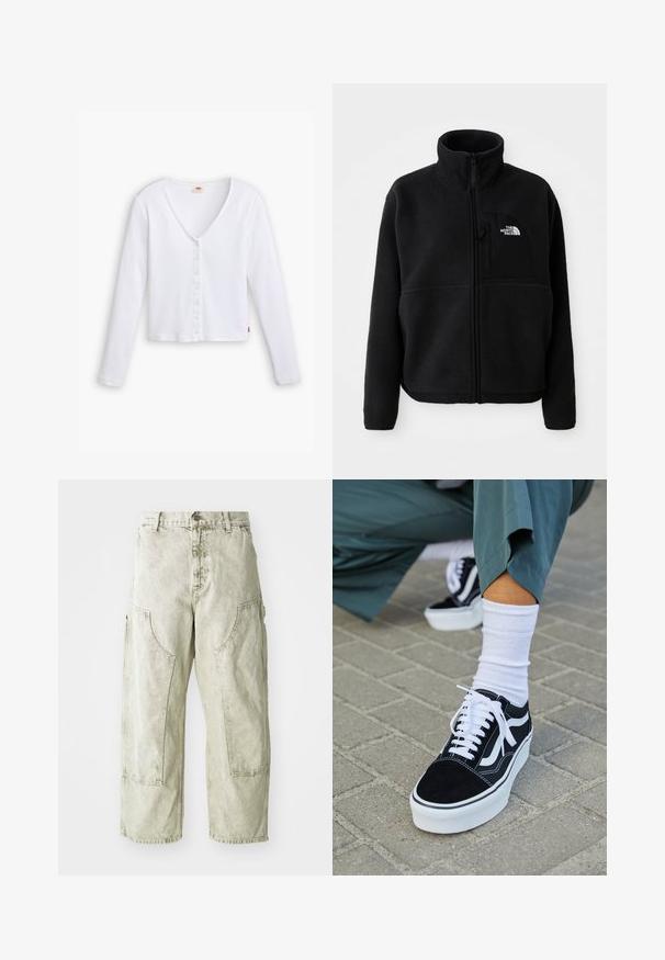 Veste en polaire noire avec un col haut, fermeture éclair intégrale et une poche sur la poitrine gauche portant un logo. Le tissu a une surface douce et texturée.; Chemise blanche à manches longues en tissu côtelé, avec un décolleté en V, un bouton sur le devant et un ourlet droit. Elle présente une petite étiquette de marque sur le côté inférieur.; Pantalons cargo larges vert clair en denim, avec de grandes poches latérales, une fermeture à bouton et fermeture éclair, et des détails de couture visibles.; Baskets en suède noir avec des accents et des lacets blancs, présentant une épaisse semelle blanche et des coutures contrastantes, associées à une chaussette blanche.