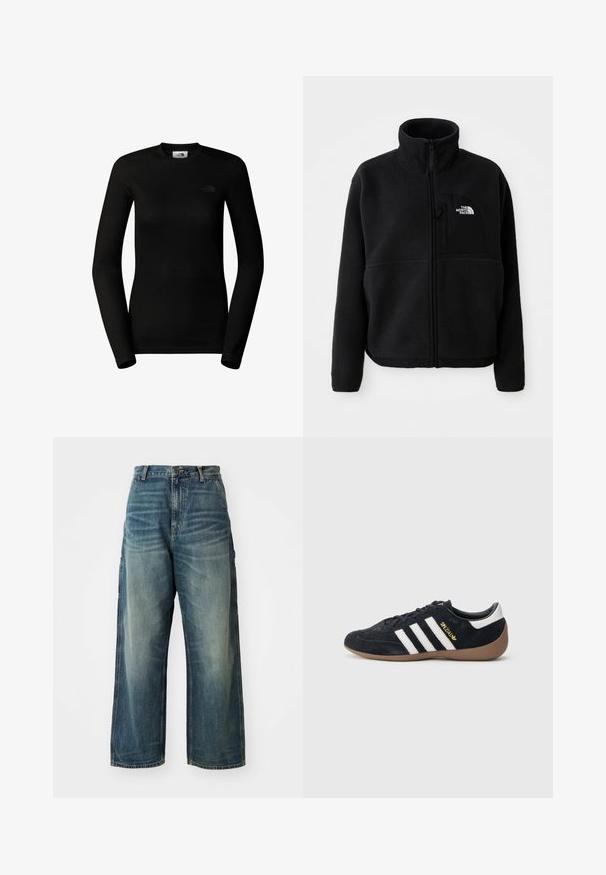 Chaqueta de forro polar negra con un alto cuello, cremallera completa y un bolsillo en el pecho izquierdo que presenta un logotipo. La tela tiene una superficie suave y texturizada.; The North Face W EASY L/S CREW NECK - Camiseta de manga larga - tnf black; Jeans de denim de pernera ancha en una lavada azul desteñida. Cuenta con un cierre de botón, cinco bolsillos y costuras visibles. El material tiene una textura suave.; Zapatilla de ante negra con tres rayas blancas, suela de goma y un pequeño logo dorado en el lateral. Cuenta con un forro interior negro liso.