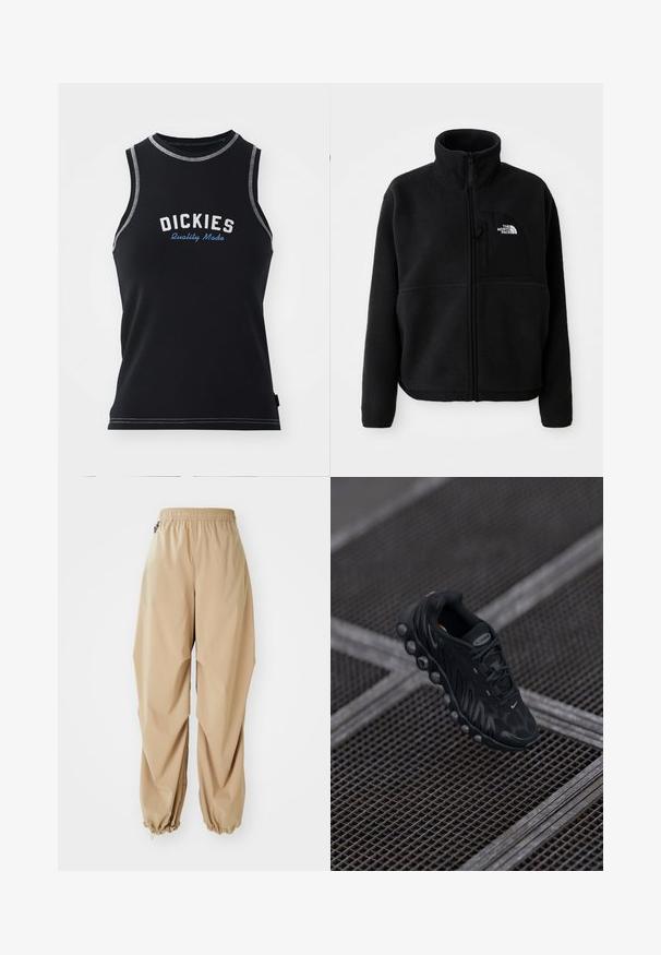 Sort fleecejakke med høj krave, fuld lynlås og en lomme på venstre bryst med et logo. Stofoverfladen er blød og struktureret.; Sort ærmeløs tanktop med grå syninger. Har "DICKIES" logo i hvid og blå. Lavet af et glat, strækbart stof.; Beige letvægtsbukser med elastisk talje, tapered manchetter og en glat tekstur, der har en afslappet pasform og ingen synlige mønstre eller udsmykninger.; Sort sportsko med en tekstureret overdel, rund sål og synlig luftpolstring. Har snørebåndsdesign og brandlogo som accent.