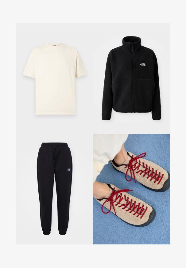 Veste en polaire noire avec un col haut, fermeture éclair intégrale et une poche sur la poitrine gauche portant un logo. Le tissu a une surface douce et texturée.; T-shirt en coton crème à manches courtes, col rond, avec un petit logo sur le devant. Design simple, texture douce, et coupe décontractée.; Pantalons de jogging noirs avec taille élastique et poignets, cordon de serrage, poches latérales et petit logo blanc The North Face sur la cuisse droite.; Des chaussures beiges avec des lacets rouges, posées sur une surface bleue texturée, révèlent partiellement la cheville d'une personne. Les chaussures ont un design sportif.