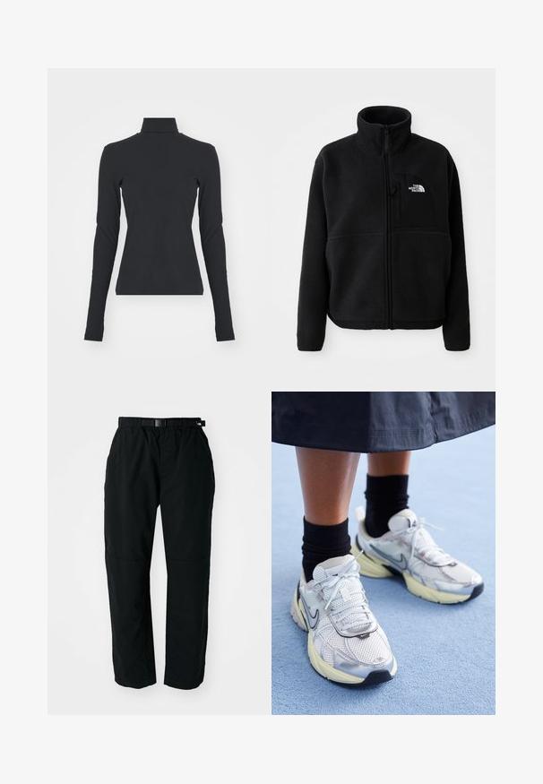 Sort fleecejakke med høj krave, fuld lynlås og en lomme på venstre bryst med et logo. Stofoverfladen er blød og struktureret.; Sort ribbet turtle neck bluse med lange ærmer, tætsiddende pasform, glat tekstur og subtil stræk, designet til komfort og lagdeling.; Sorte letvægtsbukser med elastisk talje og justerbart bælte. Har tapered ben og forstærkede knæpaneler for holdbarhed.; Hvide og sølv Nike sneakers med mesh-stof, reflekterende detaljer og en beige sål. Bæres med sorte sokker og står på en blå overflade.