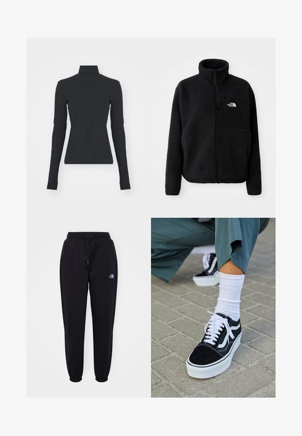 Sort fleecejakke med høj krave, fuld lynlås og en lomme på venstre bryst med et logo. Stofoverfladen er blød og struktureret.; Sort ribbet turtle neck bluse med lange ærmer, tætsiddende pasform, glat tekstur og subtil stræk, designet til komfort og lagdeling.; Sorte joggingbukser med elastisk talje og manchetter, snoretræk, sidelommer og lille hvid The North Face-logo på højre lår.; Sorte ruskinds sneakers med hvide accenter og snørebånd, der har en tyk hvid sål og kontrasterende syninger, parret med en hvid sok.