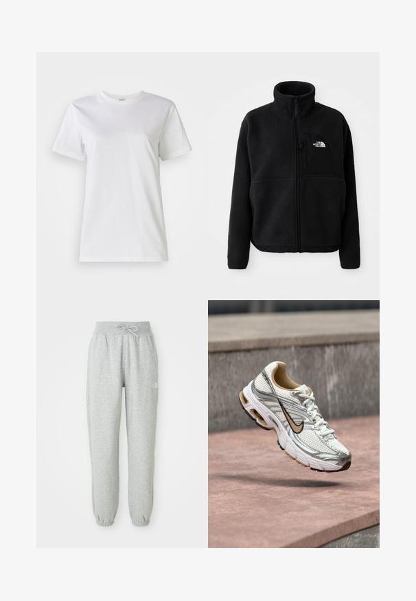 Veste en polaire noire avec un col haut, fermeture éclair intégrale et une poche sur la poitrine gauche portant un logo. Le tissu a une surface douce et texturée.; T-shirt en coton blanc avec un col rond et des manches courtes. Le tissu est lisse avec une texture douce et sans motifs ni accents visibles.; Pantalon de jogging gris avec une taille élastique et un cordon de serrage. Le tissu est doux, avec des poignets élastiques à la cheville et un accent de logo.; Chaussure de course Nike blanche et argentée avec un logo Swoosh beige, montrée en suspension au-dessus d'une surface en pierre avec un mur gris flou en arrière-plan.