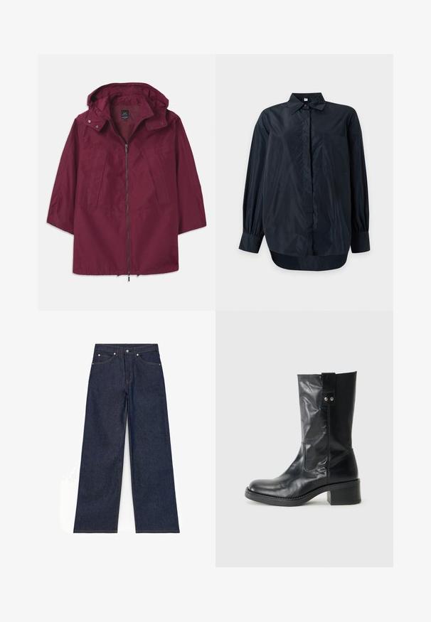 Veste légère bordeaux avec fermeture éclair, capuche et manches 3/4. Elle dispose de deux poches avant et présente une texture lisse et mate.; Chemise noire à manches longues, boutonnée, avec col et poche poitrine, présentée sur un fond clair uni.; Jean denim bleu foncé à jambes larges avec bouton à l'avant, fermeture éclair et poches avant et arrière, présenté à plat sur fond blanc.; Bottine en cuir noir avec un bout arrondi, un talon empilé modeste et un onglet décoratif sur le côté. Le matériau a une finition lisse et polie.