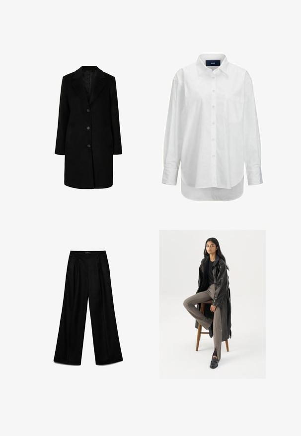 Abrigo negro con cuello de muesca, cierre de cinco botones, dos bolsillos laterales y silueta recta. Fabricado con una suave tela texturizada.; Camisa blanca de manga larga en algodón suave con cuello abotonado, bolsillo frontal y dobladillo curvado. Cuenta con un canesú en la parte posterior para mayor estructura.; Pantalones anchos negros con pliegues delanteros y bolsillos laterales, de talle alto con cinturilla lisa y cierre oculto.; Abrigo de trench de cuero negro con botones y detalle de cinturón, combinado con pantalones ajustados de color marrón claro y mocasines negros, sentado en un taburete de madera.