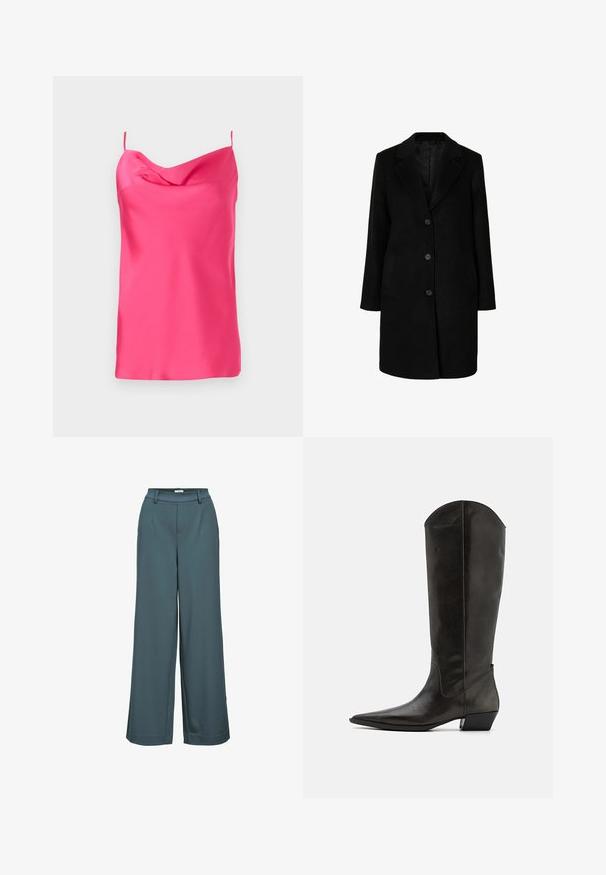 Sort frakke med slagkrave, fem-knapslukning, to sidelommer og rette silhuet. Lavet af et blødt tekstureret stof.; Ermeløs top i fuchsia satin med cowl-udskæring og tynde stropper. Glat tekstur med blød fald, der har en lige kant nederst.; Højtaljede viddebukser i afdæmpet teal med bæltestropper, frontsyninger og en elastisk bagpåtalje.; Sorte læder støvler op til knæene med spids tå, lav blokhæl og et elegant design. Skaftet har en let krumning øverst.