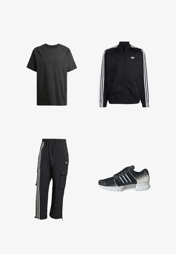 Schwarze Sportjacke mit Reißverschluss, weißen drei Streifen an den Ärmeln und kleinem weißen Adidas-Trefoil-Logo auf der linken Brust.; Schwarz Baumwoll-T-Shirt mit kurzen Raglanärmeln, das ein dezentes eingeprägtes Logo auf der Brust und eine durchgehend glatte Textur aufweist.; adidas Originals FRONT STRIPES - Cargohose - black; Schwarzer und grauer Sportschuh mit weißer Sohle, Mesh-Obermaterial, seitlichen Streifen und Schnürverschluss, von der Außenseite vor weißem Hintergrund dargestellt.