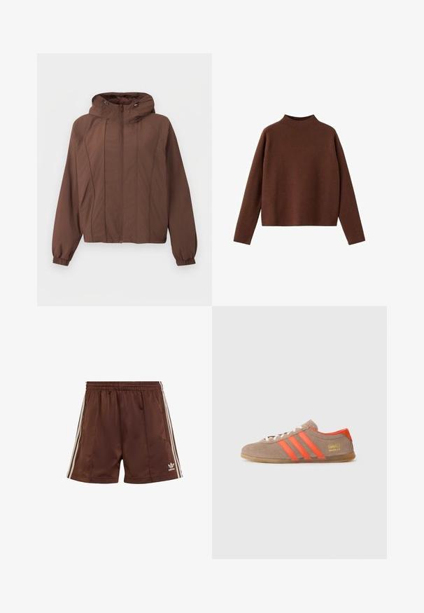 Braune Kapuzenjacke mit Frontreißverschluss, langen Ärmeln, elastischen Bündchen und dezenten vertikalen Nahtdetails.; Brauner Pullover mit langen Ärmeln und hohem Kragen. Hergestellt aus einem weichen, strukturierten Stoff. Mit lässiger, boxartiger Form und minimalistischem Design.; Braune Sportshorts aus glattem Stoff mit lockerer Passform, die weiße seitliche Streifen und ein besticktes Logo am unteren linken Saum aufweisen.; Braune Wildleder-Sneaker mit drei leuchtend orangefarbenen Streifen, Schnürung vorne und goldenem "Gazelle"-Branding an der Seite. Flache Gummisohle.