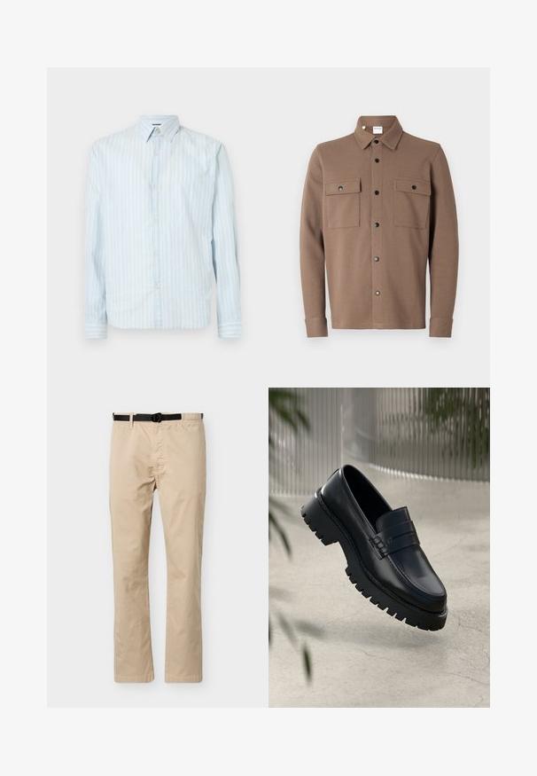 Bruine button-up jas van gestructureerde stof. Heeft een kraag, twee borstzakken met kleppen en zwarte drukknoopsluitingen.; Lichtblauwe overhemdd met witte verticale strepen, klassieke kraag, lange mouwen en twee knoopaccenten op de mouwen.; Beige broek met rechte pijpen, zwarte verstelbare riem, elastische tailleband aan één kant en een voornaad als detail.; Zwarte leren instappers met een chunky loopzool, voorzien van een decoratieve band en stikseldetails. Gladde textuur met een gepolijste afwerking.