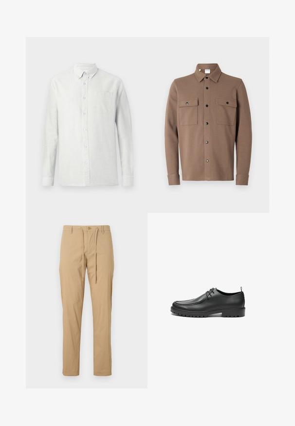 Veste marron à boutons, fabriquée en tissu texturé. Elle se distingue par un col, deux poches poitrine avec rabats et des boutons pression noirs.; Chemise à manches longues de couleur claire avec des rayures verticales, col boutonné et poche sur la poitrine. Le tissu semble texturé avec une finition douce.; Pantalons en coton beige clair avec une taille à cordon de serrage, coupe fuselée, poches standard et fermeture à bouton à l'avant. Texture lisse.; Chaussures en cuir noir avec une finition lisse, bout arrondi et coutures décoratives. Elles possèdent une semelle en caoutchouc avec des rainures de traction et un laçage.