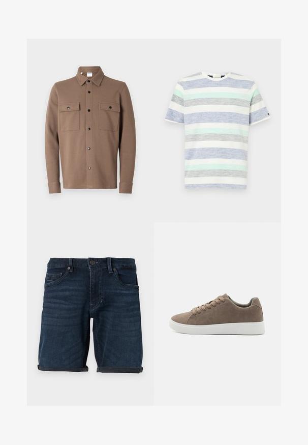Brun knap-frontet jakke lavet af tekstureret stof. Har en krave, to brystlommer med klaffer og sorte trykknapper.; Striped t-shirt i hvid, med vandrette striber i lyseblå, mintgrøn, grå og mørkeblå. Kortærmet og med rund hals.; Mørkeblå denim shorts med opbrettede manchetter, der har forlommer, knaplukning og mærke på baglommen.; Brune ruskinds sneakers med flade hvide gummisåler, snørelukning, rund tå og en glat overflade. Minimalistisk stil med diskrete syninger.