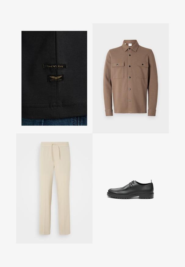 Brun knap-frontet jakke lavet af tekstureret stof. Har en krave, to brystlommer med klaffer og sorte trykknapper.; Sort bomulds t-shirt med to labels: "TYPE N°: C-46" og "AMERICAN CLASSIC," med guld tekst og vinge grafik. Syet kantdetalje.; Beige, elastisk taljebukser med snoretræk. Har lige ben og en glat tekstur, velegnet til afslappet brug eller afslapning.; Sorte lædersko med en glat overflade, rund tå og dekorativ stikning. Har en gummisål med skridsikre spor og snørebåndsdesign.