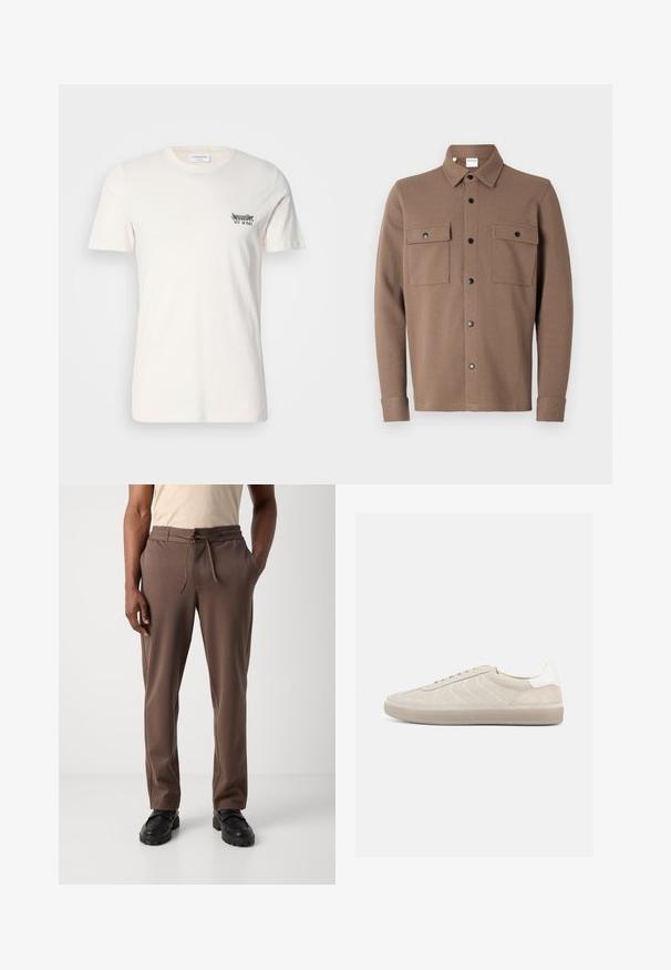 Brun knap-frontet jakke lavet af tekstureret stof. Har en krave, to brystlommer med klaffer og sorte trykknapper.; Bomulds T-shirt i off-white, med rund halsudskæring, korte ærmer og et lille sort og grønt grafik på venstre bryst.; Mand iført brune snørebukser og sorte sko, stående mod en ensfarvet hvid baggrund.; Beige ruskindssneaker med en tekstureret overdel, glat hvid hælkappe, tynde snørebånd og en gummi-ydersål. Har et lavt profil design.