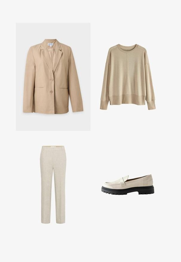 Beige damesblazer met twee knopen, notch-revers en voorste paspelzakken, weergegeven tegen een effen witte achtergrond.; Beige gebreide trui met een ontspannen pasvorm, ribgebreide manchetten en zoom, ronde halslijn en verlaagde schouders. Zachte textuur met minimale naden.; Licht beige linnen broek met een rechte snit, voorzien van een platte voorkant, zijzakken en strakke lijnen voor een minimalistisch ontwerp.; Beige gepatineerde leren loafers met een ronde neus, dikke zwarte rubberen zool en een gestikte accent over de voorkant.